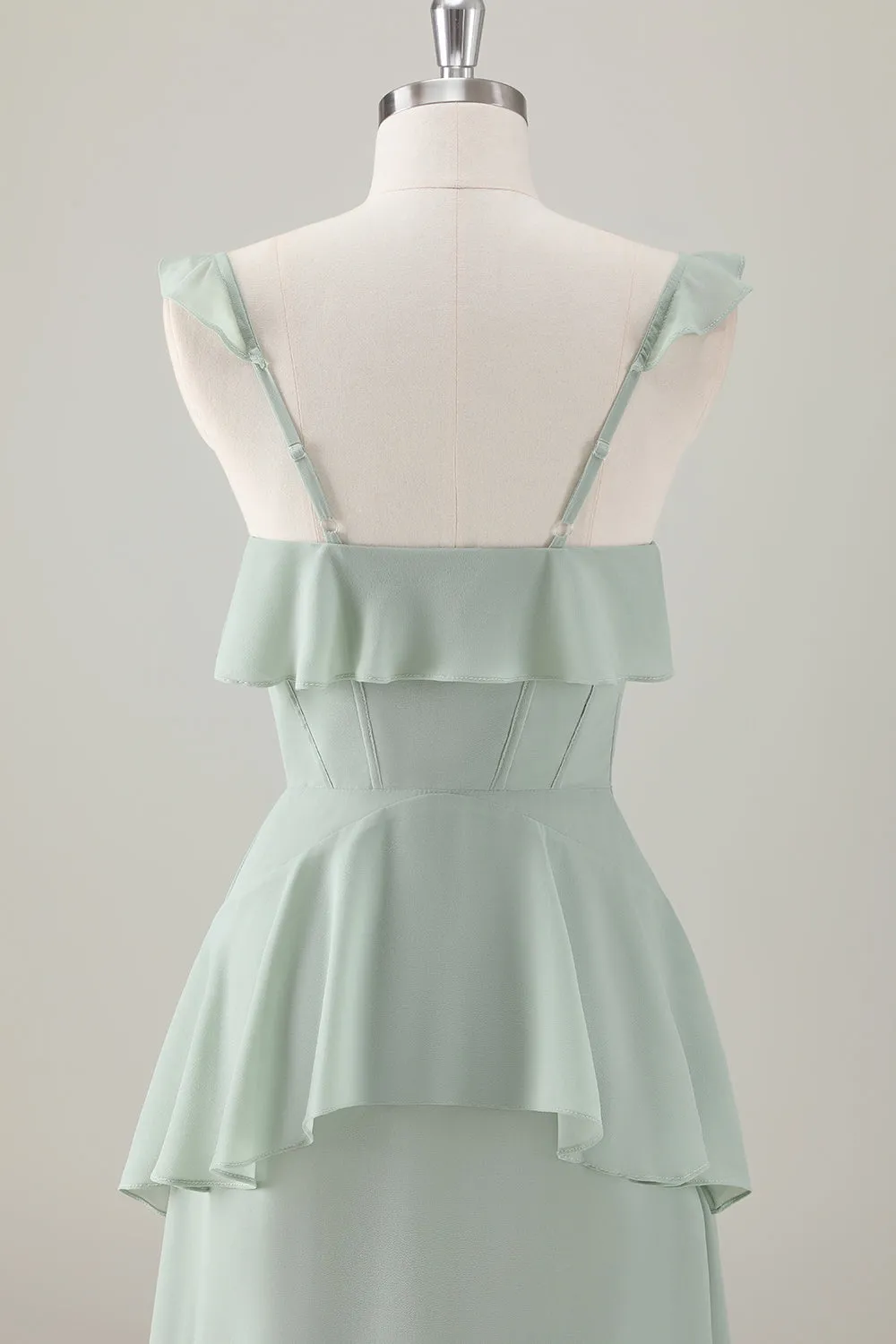 Light Green A-Line Ruffle Tiered Chiffon Corset Long Bridesmaid Dress sold by Zapaka product image thumbnail 5