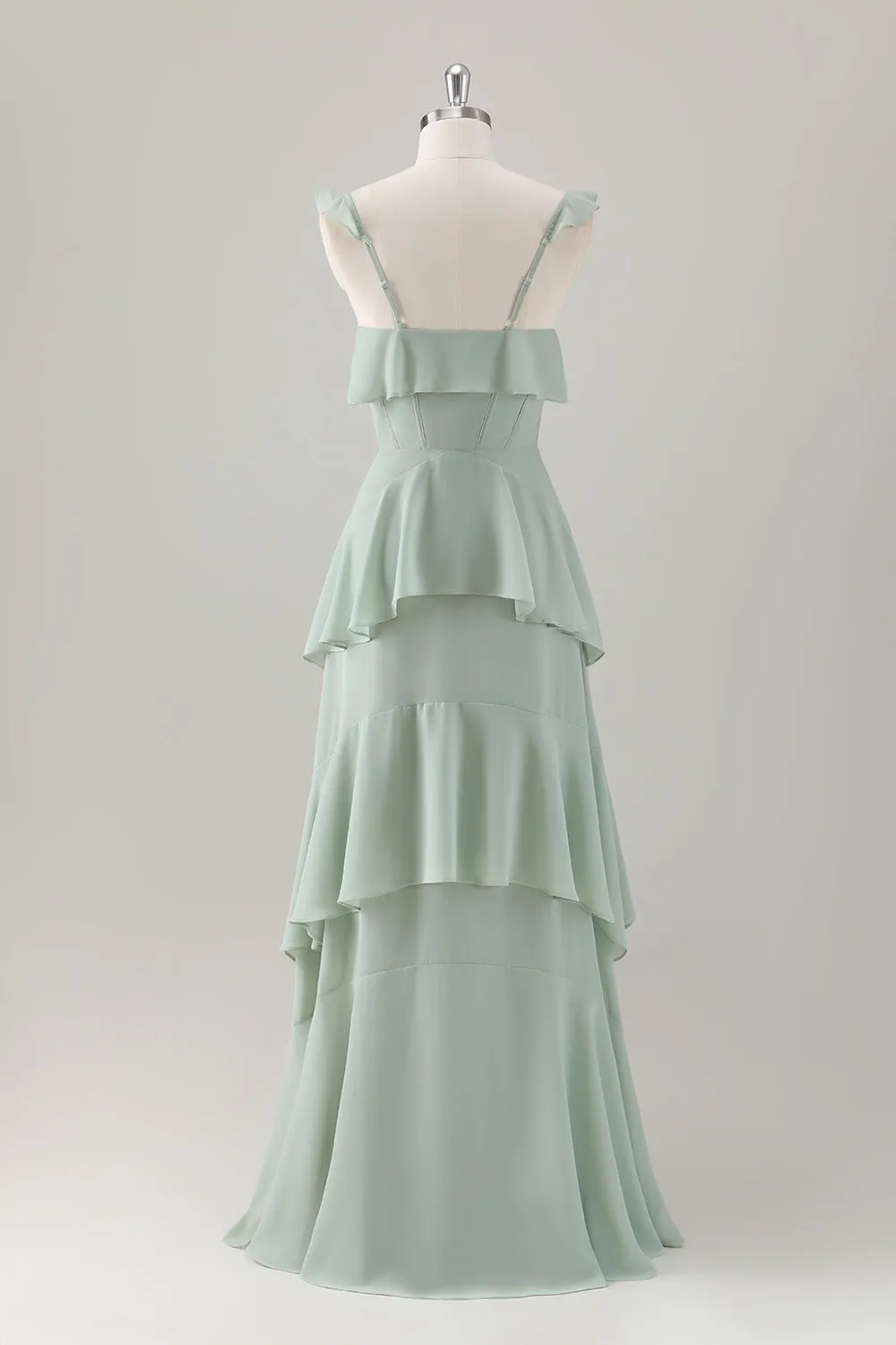 Light Green A-Line Ruffle Tiered Chiffon Corset Long Bridesmaid Dress sold by Zapaka product image thumbnail 2