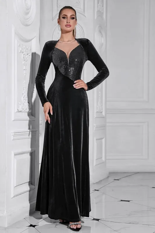 Sparkly A Line Velvet Long Prom Dress with Long Sleeves sold by Zapaka