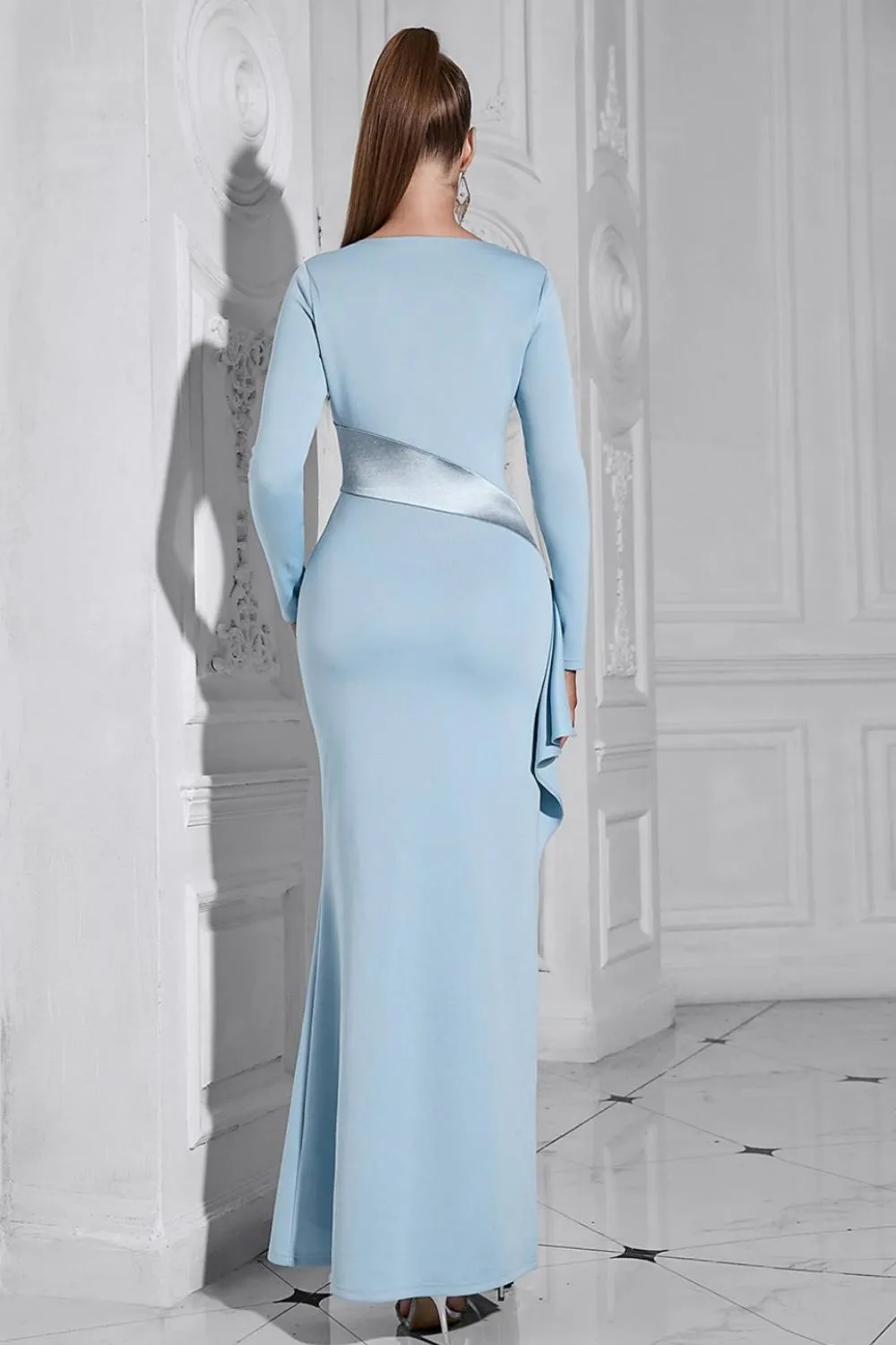 Glitter Light Blue Mermaid Long Sleeves Prom Dress with Slit sold by Zapaka product image thumbnail 2