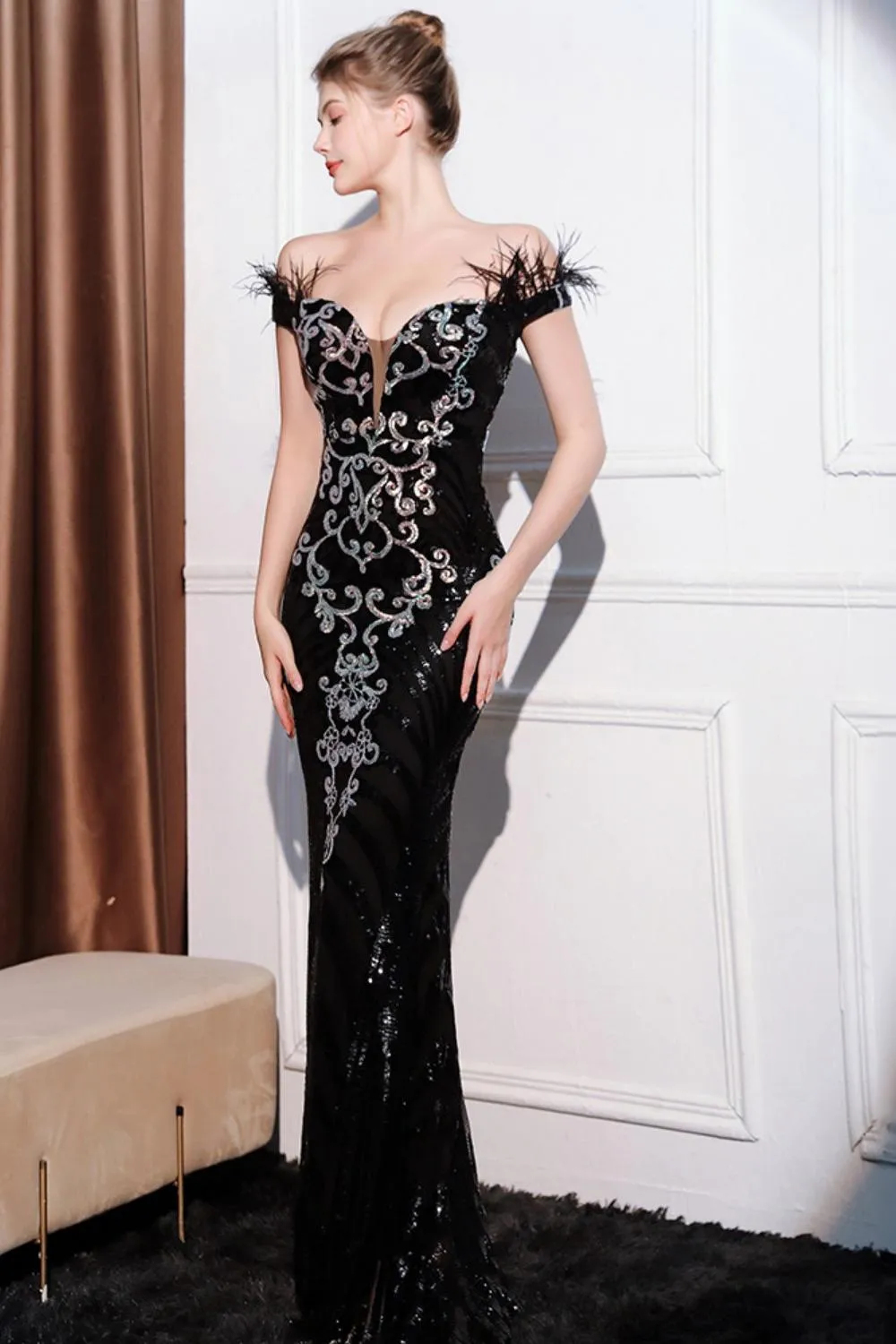Glitter Black Mermaid Off the Shoulder Long Prom Dress with Feather sold by Zapaka
