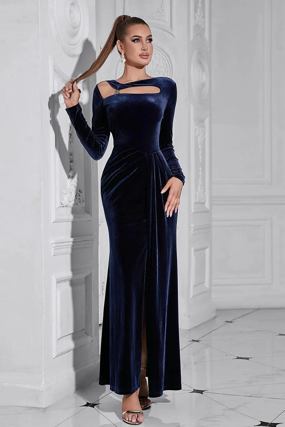 Dark Blue Long Sleeves Velvet Prom Dress with Slit sold by Zapaka product image thumbnail 5