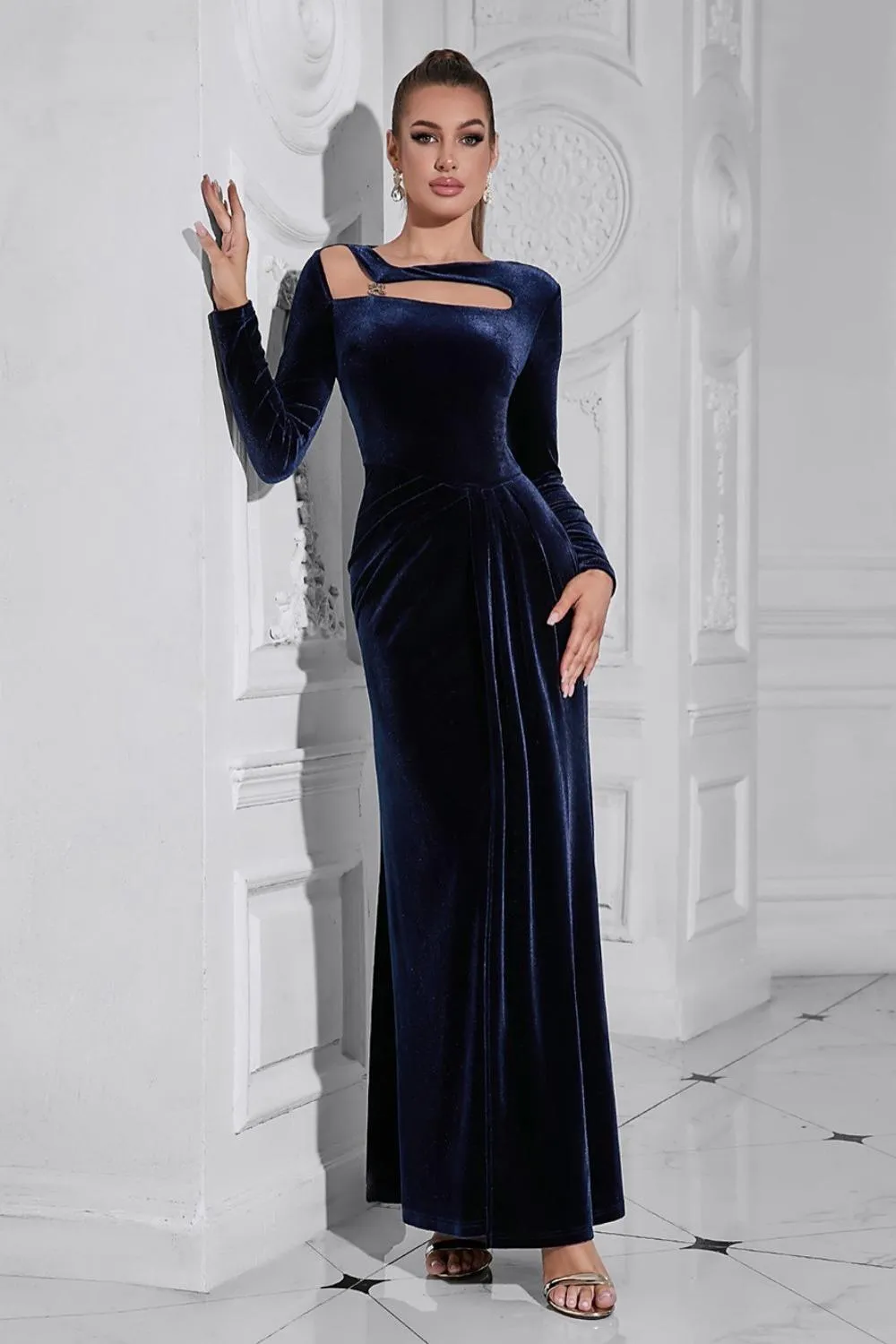 Dark Blue Long Sleeves Velvet Prom Dress with Slit sold by Zapaka product image thumbnail 4