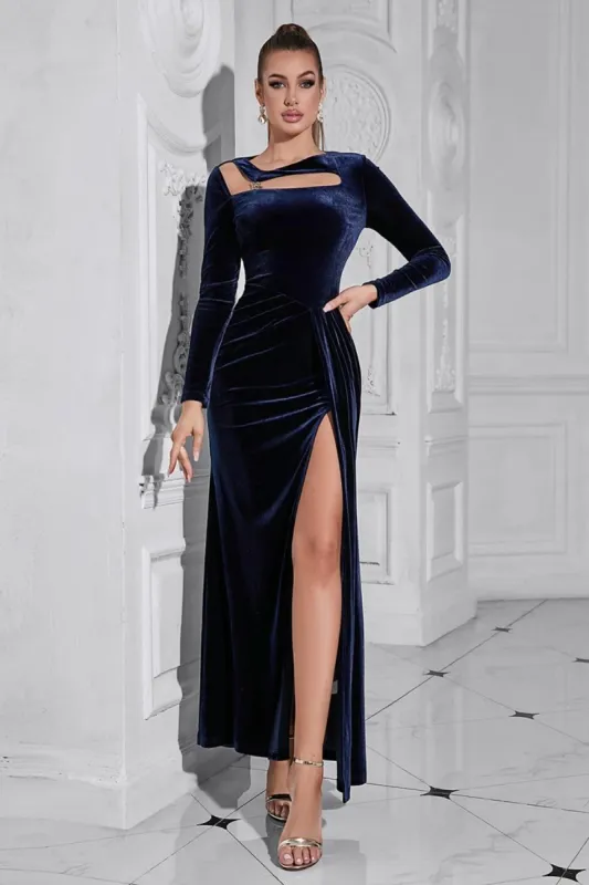 Dark Blue Long Sleeves Velvet Prom Dress with Slit sold by Zapaka