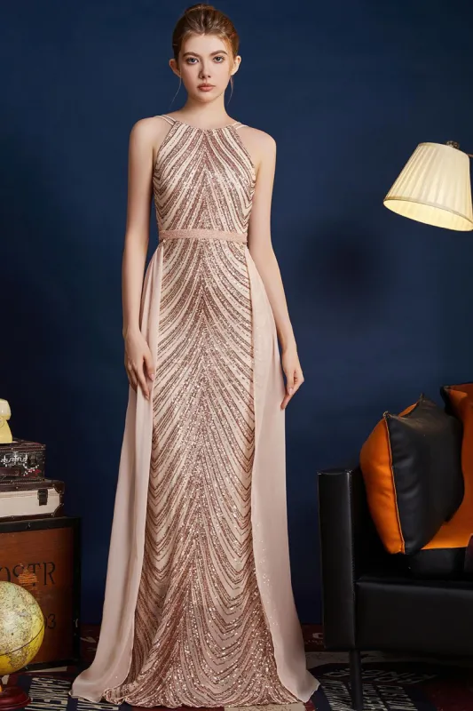 Golden Glitter A Line Spaghetti Straps Beaded Long Prom Dress sold by Zapaka