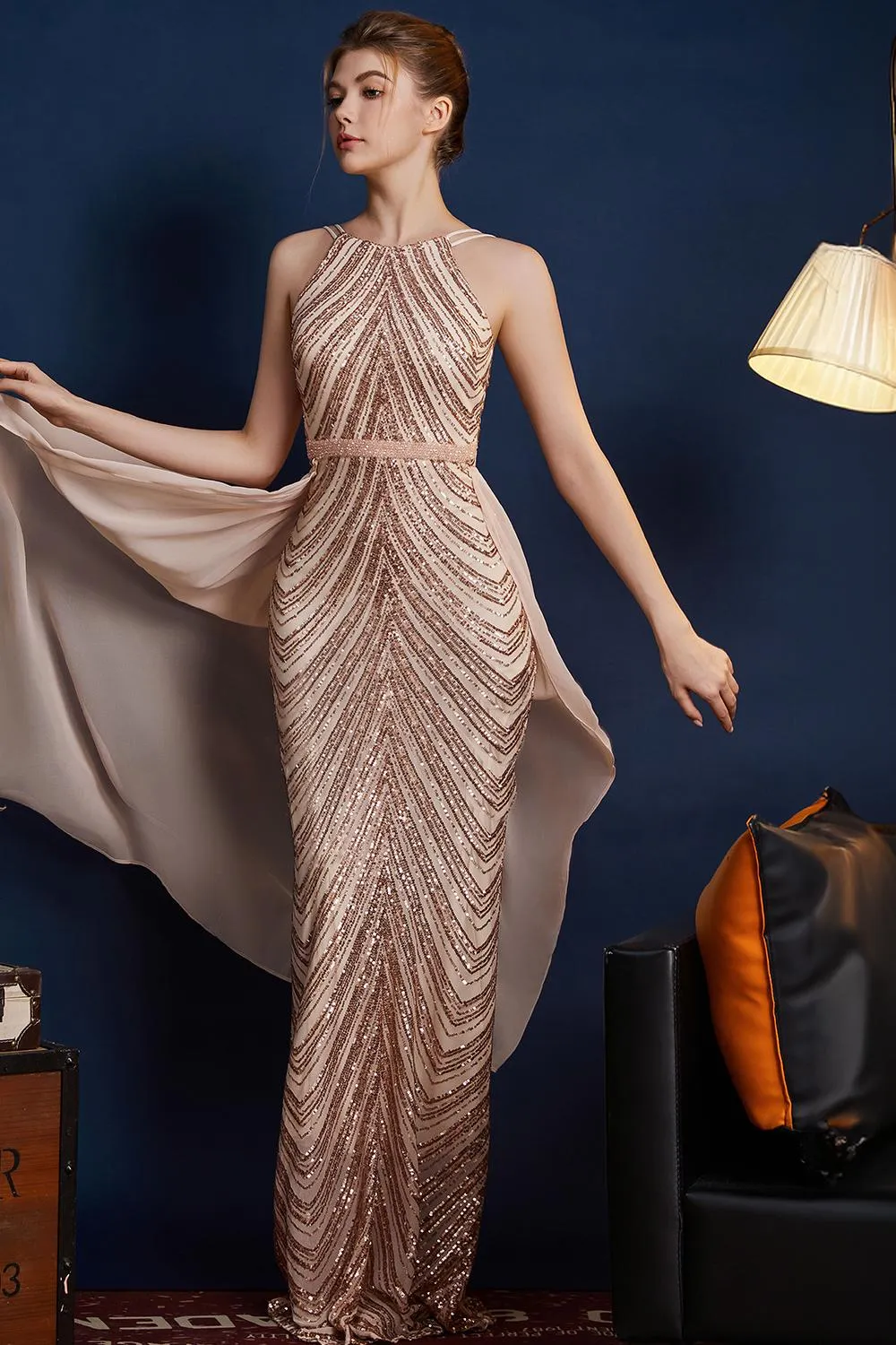 Golden Glitter A Line Spaghetti Straps Beaded Long Prom Dress sold by Zapaka product image thumbnail 5