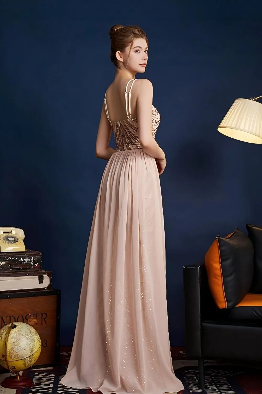 Golden Glitter A Line Spaghetti Straps Beaded Long Prom Dress sold by Zapaka product image thumbnail 2