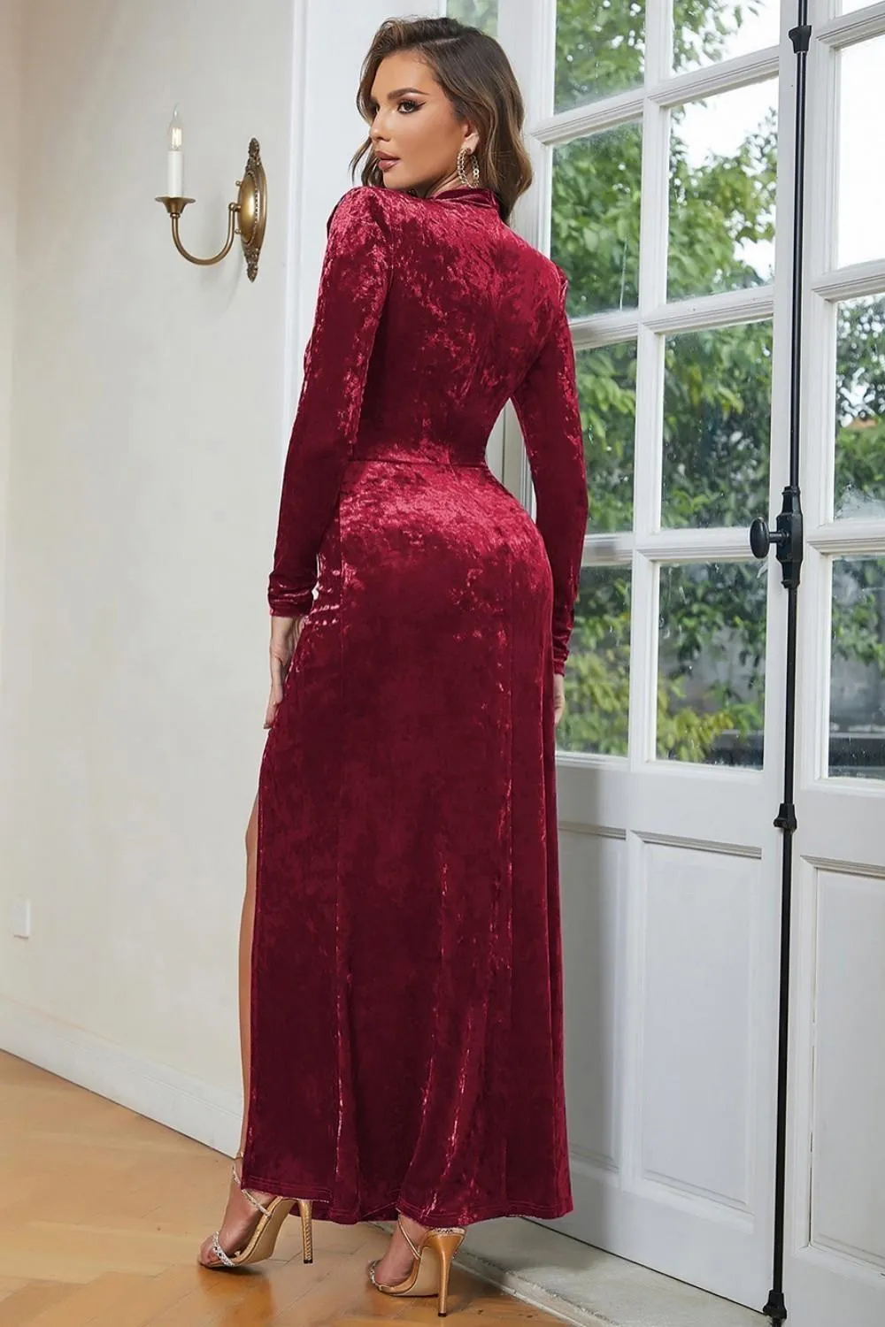 Blue High Neck Long Sleeves Velvet Prom Dress sold by Zapaka product image thumbnail 5