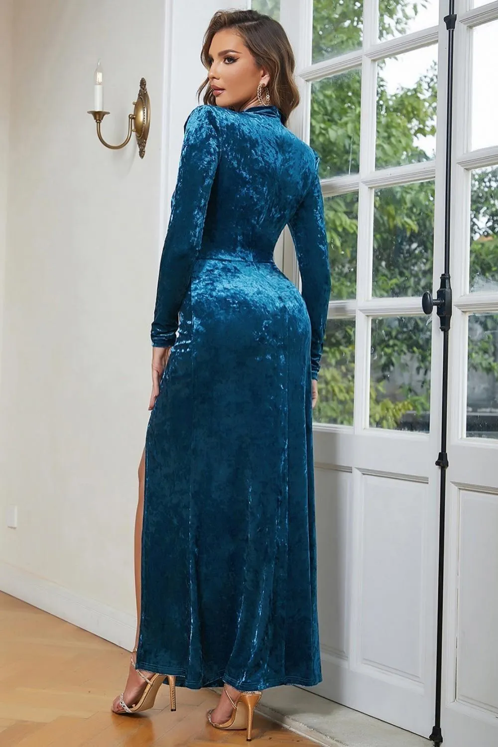 Blue High Neck Long Sleeves Velvet Prom Dress sold by Zapaka product image thumbnail 2