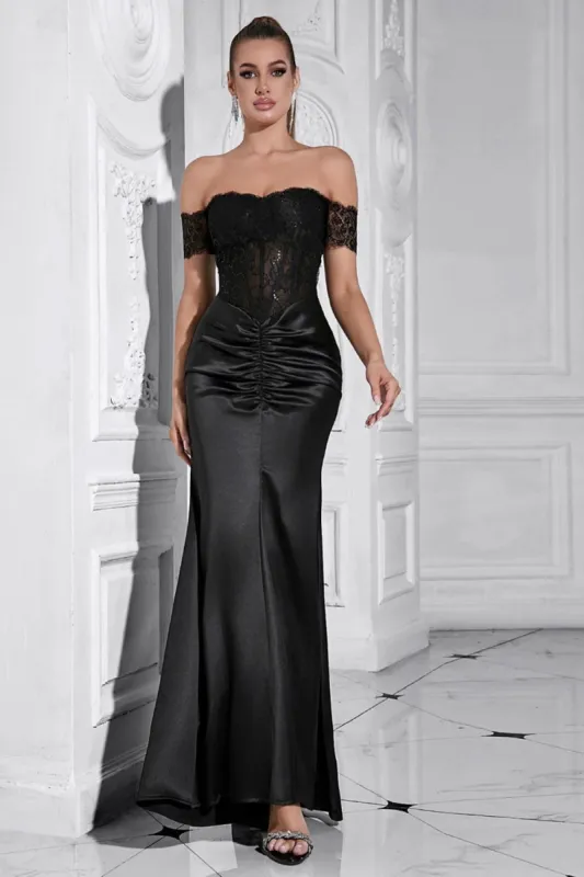 Black Mermaid Off the Shoulder Ruched Corset Long Prom Dress sold by Zapaka