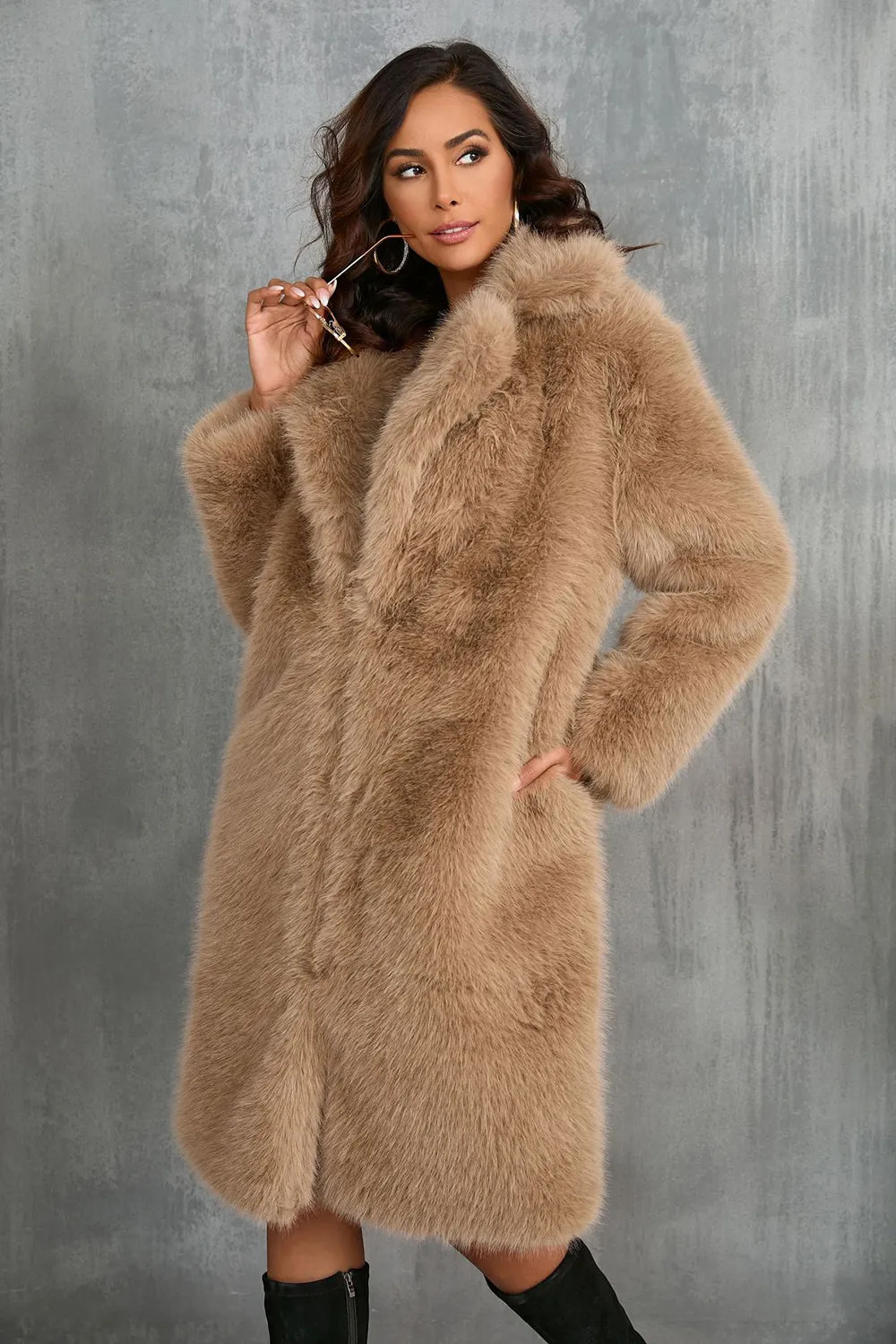 Camel Notched Lapel Long Faux Fur Long Shaggy Women Coat sold by Zapaka product image thumbnail 4
