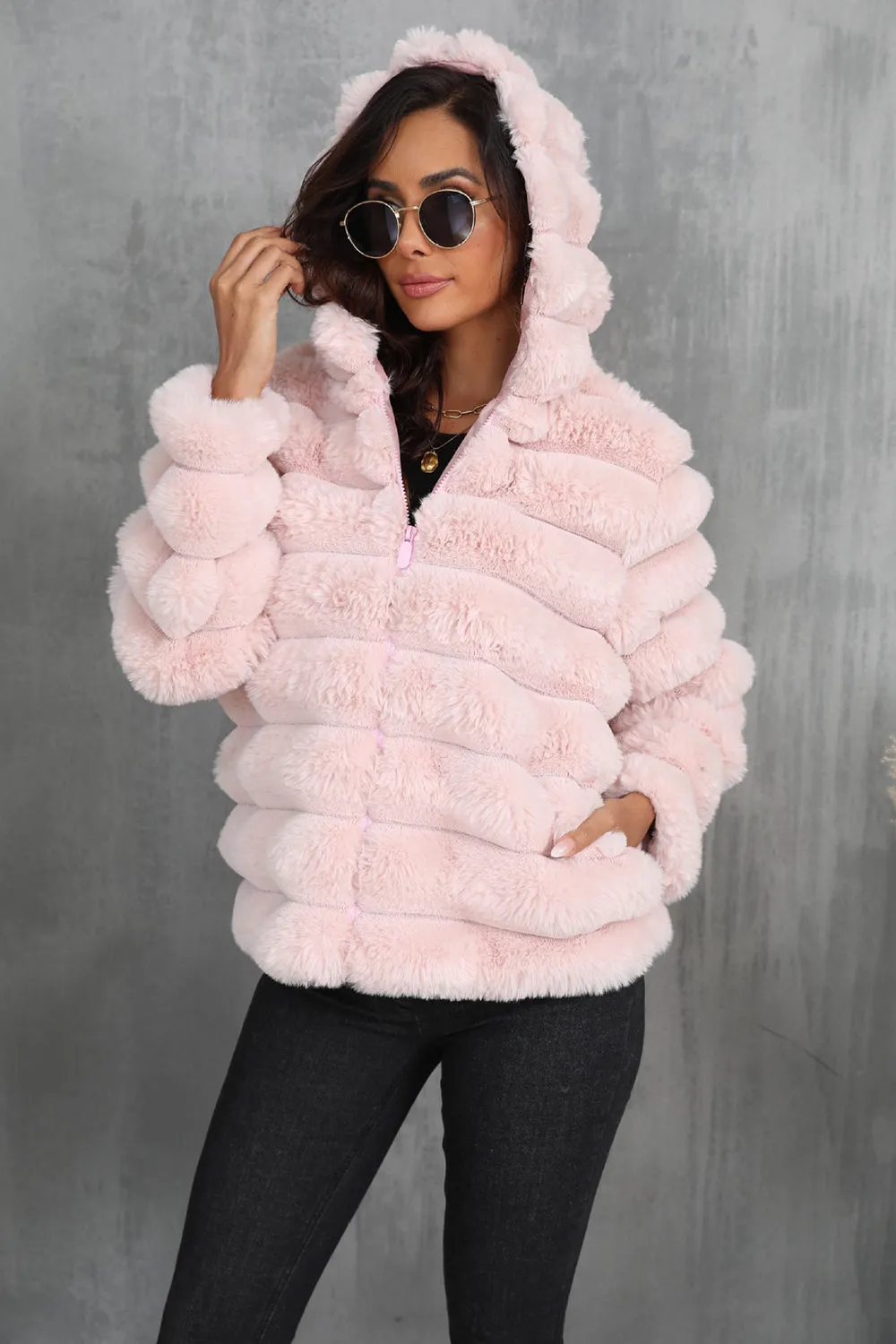 Black Fluffy Faux Fur Cropped Zip Up Coat with Hood sold by Zapaka product image thumbnail 4