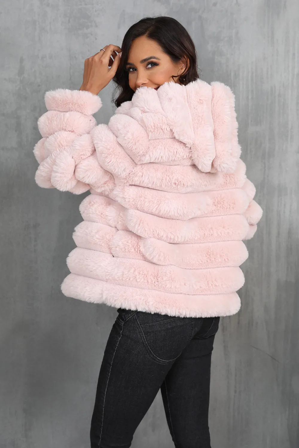 Black Fluffy Faux Fur Cropped Zip Up Coat with Hood sold by Zapaka product image thumbnail 5