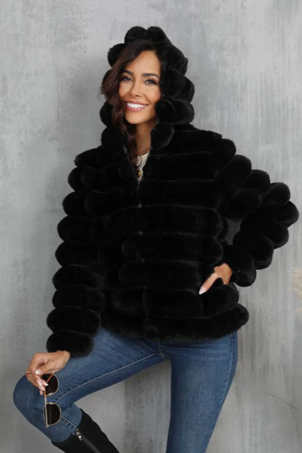 Black Fluffy Faux Fur Cropped Zip Up Coat with Hood sold by Zapaka product image thumbnail 2