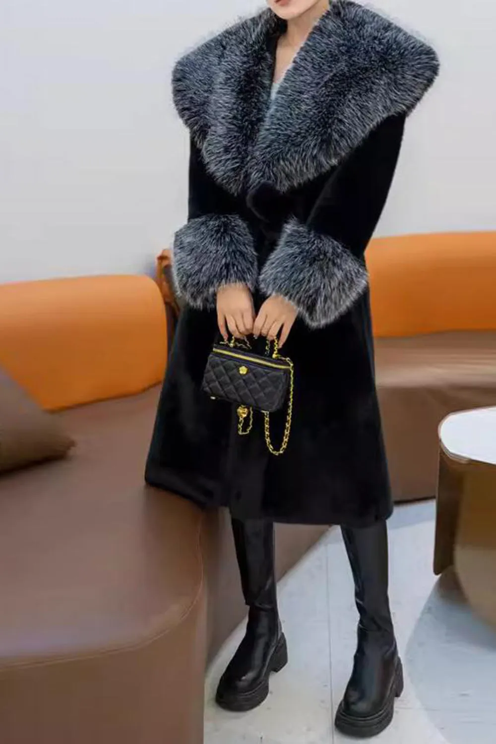 Fluffy Black Faux Fur Long Overcoat with Belt sold by Zapaka