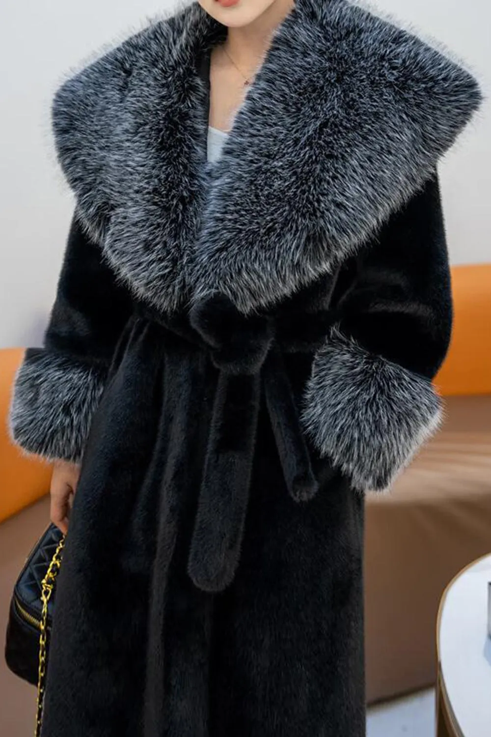 Fluffy Black Faux Fur Long Overcoat with Belt sold by Zapaka product image thumbnail 2