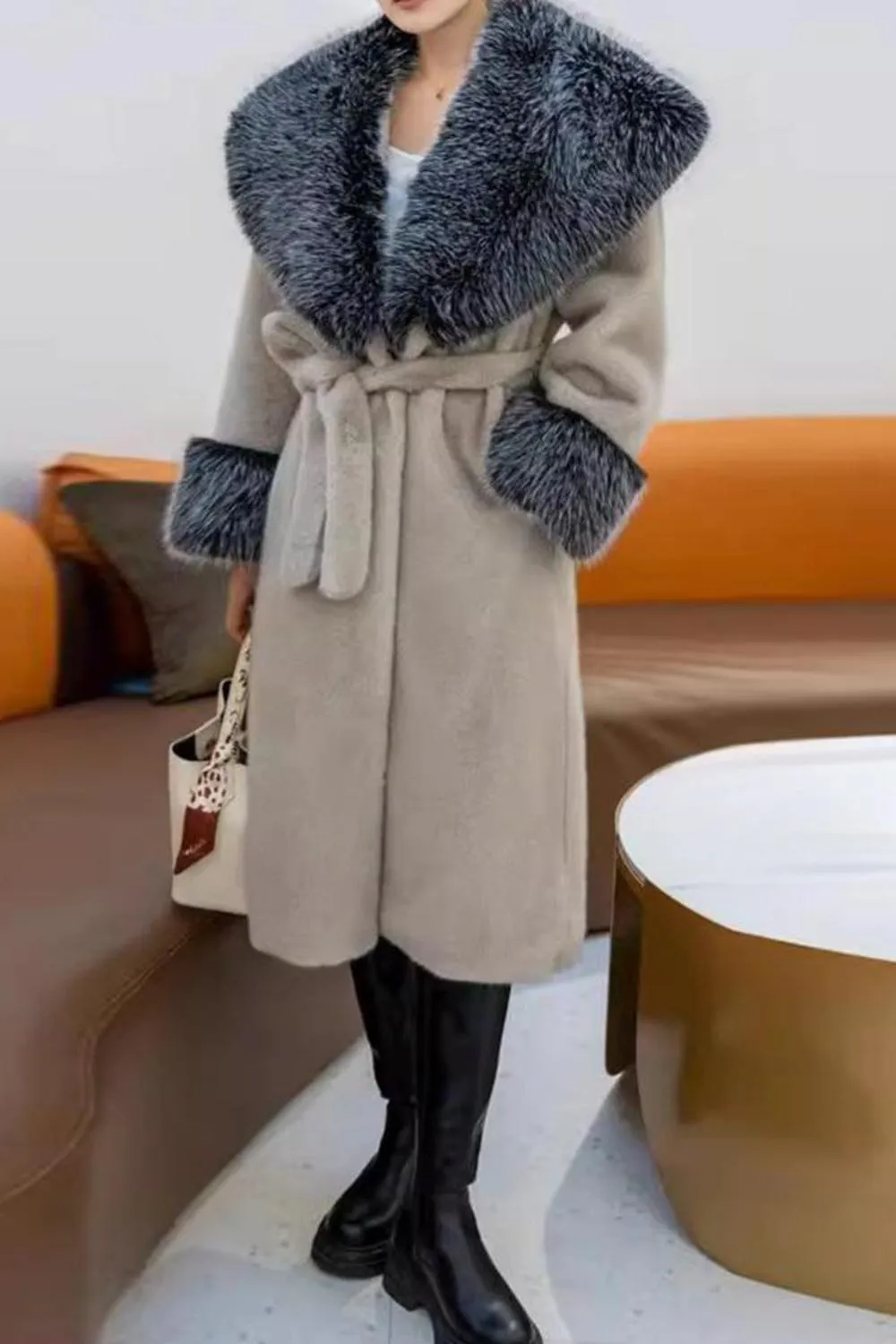 Fluffy Black Faux Fur Long Overcoat with Belt sold by Zapaka product image thumbnail 3