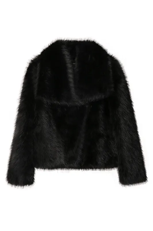 Black Shawl Lapel Short Fitted Faux Fur sold by Zapaka