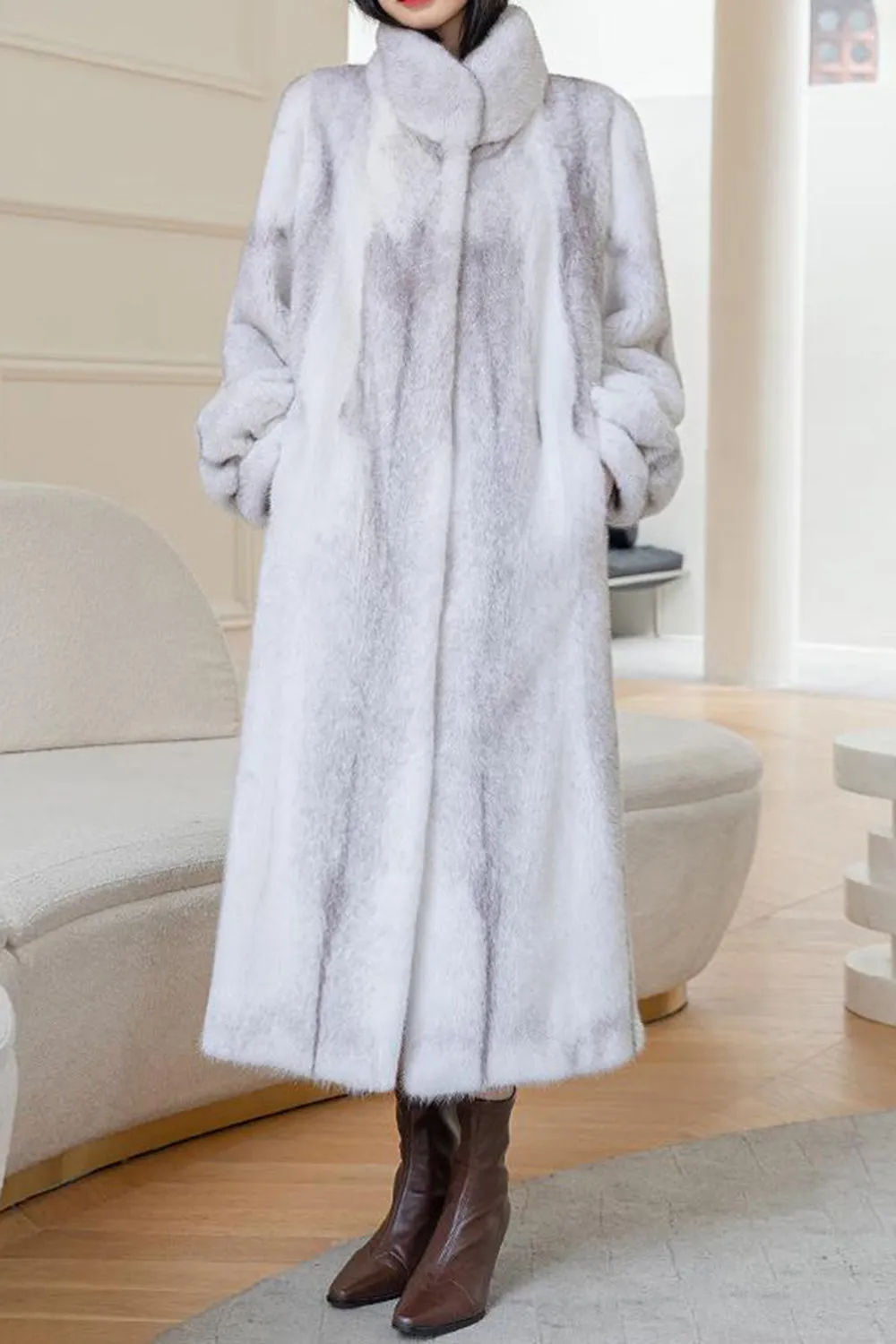 White Fluffy Faux Fur Long Sleeves Long Coat sold by Zapaka
