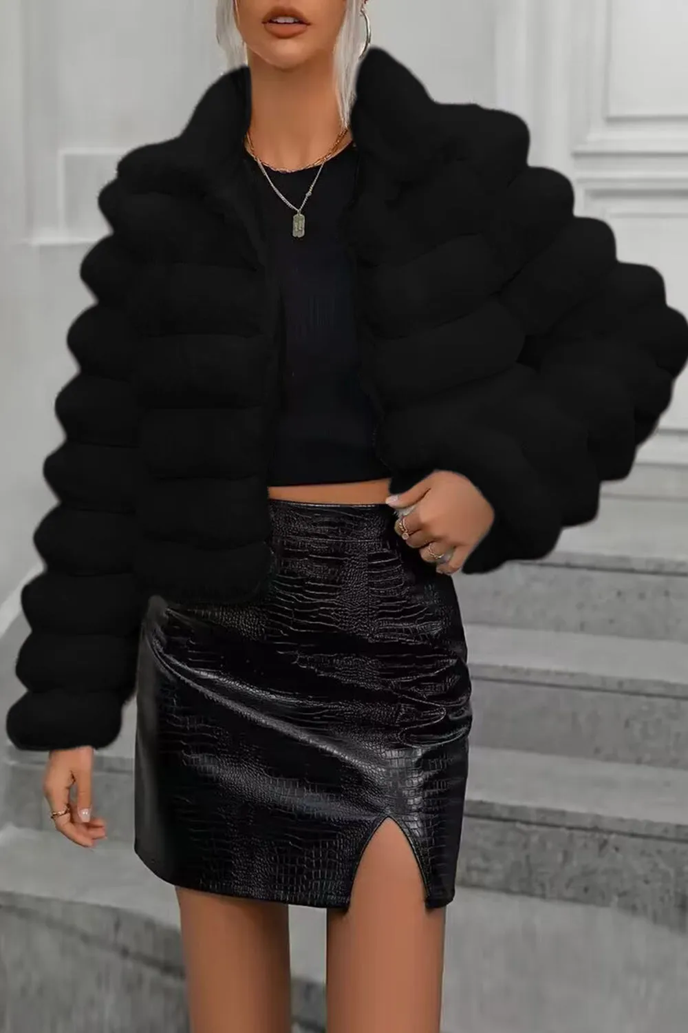 Pink Stand Collar Quilted Short Faux Fur sold by Zapaka product image thumbnail 2