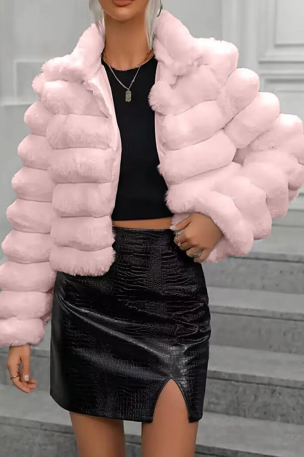 Pink Stand Collar Quilted Short Faux Fur sold by Zapaka