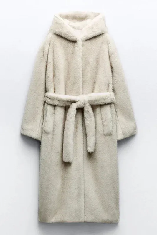 Grey Beige Long Shearling Fur with Belt Women's Coat sold by Zapaka