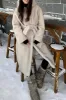 Grey Beige Long Shearling Fur with Belt Women's Coat sold by Zapaka