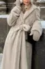 Grey Beige Long Shearling Fur with Belt Women's Coat sold by Zapaka