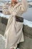 Grey Beige Long Shearling Fur with Belt Women's Coat sold by Zapaka