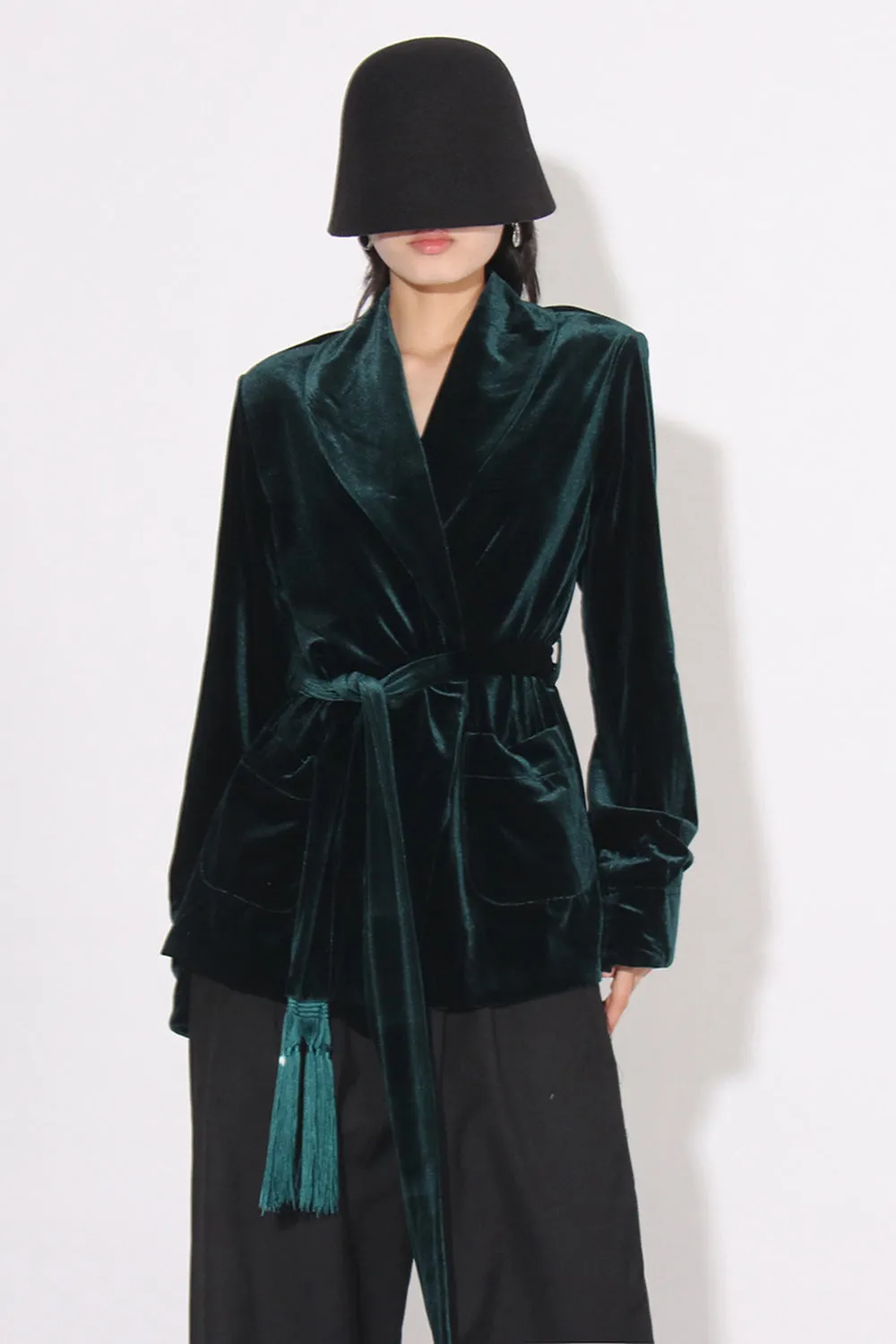 Dark Green Velvet Women Coat with Belt sold by Zapaka
