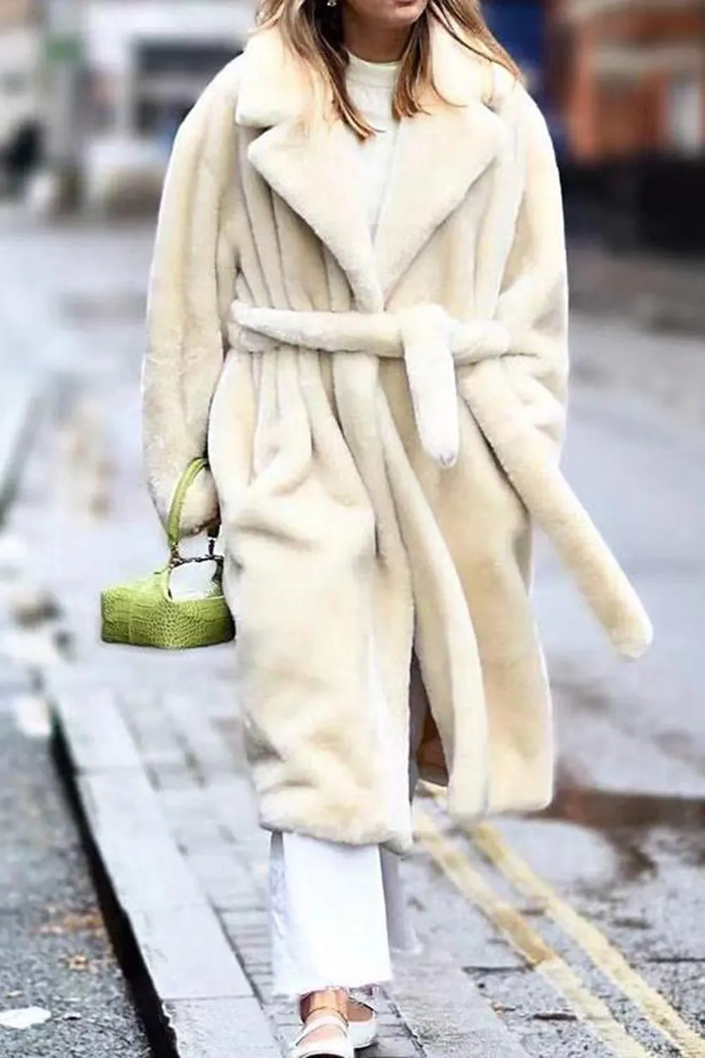 Fluffy Yellow Notched Lapel Faux Fur Long Coat sold by Zapaka product image thumbnail 2