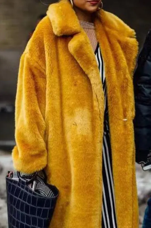 Fluffy Yellow Notched Lapel Faux Fur Long Coat sold by Zapaka