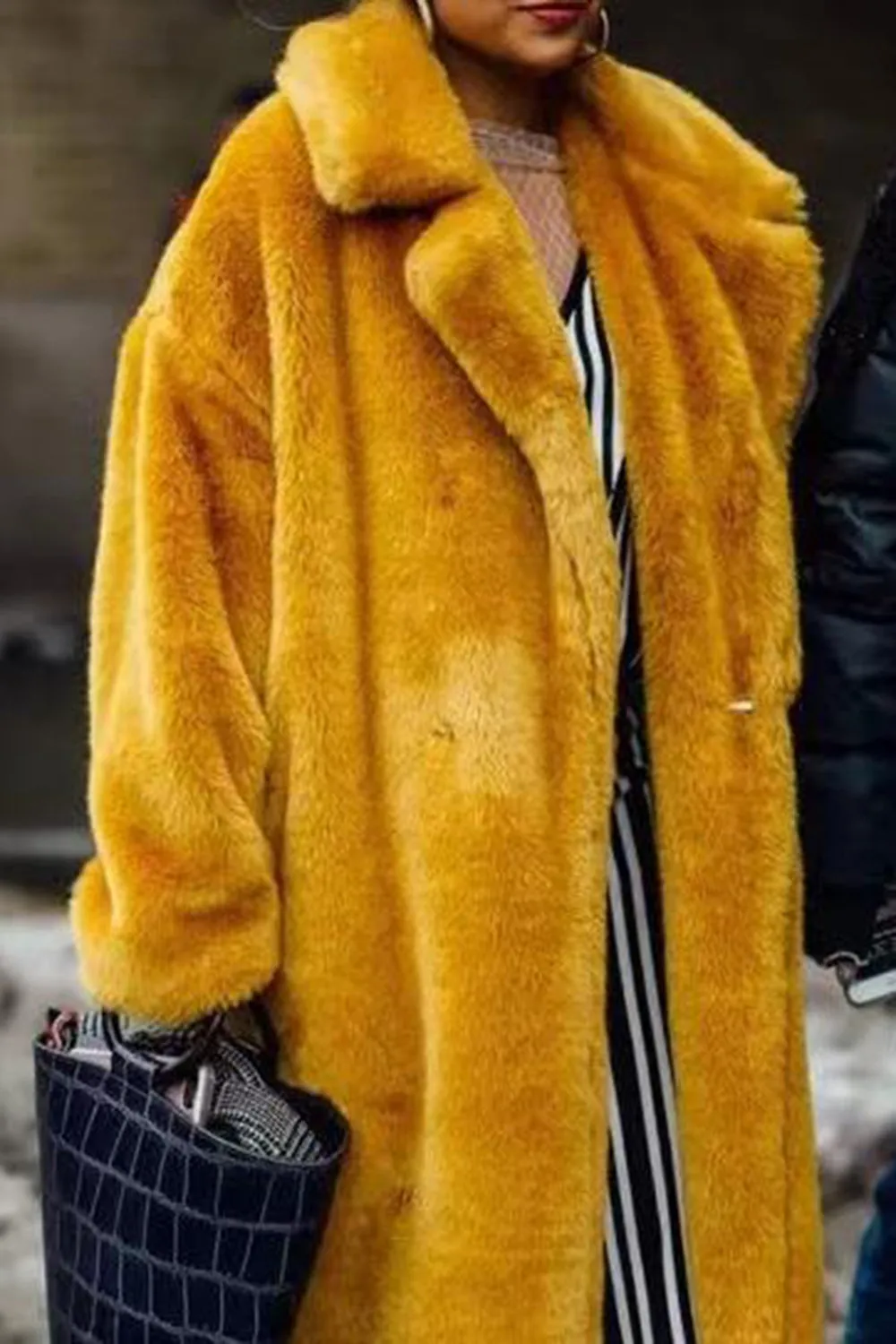 Fluffy Yellow Notched Lapel Faux Fur Long Coat sold by Zapaka