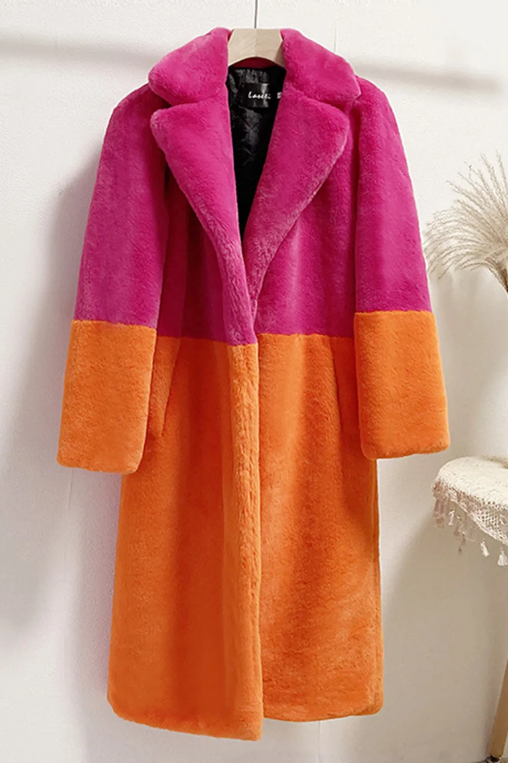 Fuchsia and Orange Fluffy Faux Fur Long Coat sold by Zapaka