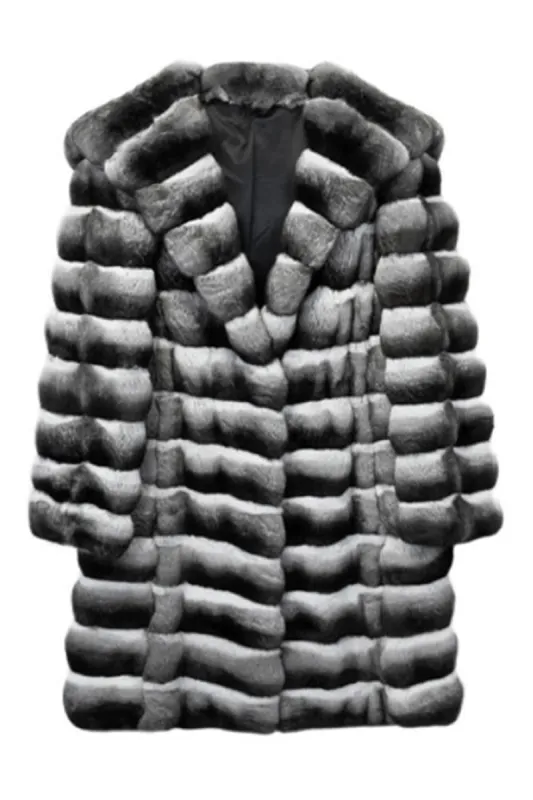Grey White Notched Lapel Striped Long Shearling Coat sold by Zapaka