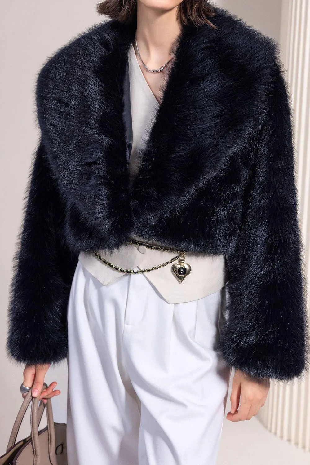 Black Cropped Faux Fur Open Front Fluffy Short Coat sold by Zapaka product image thumbnail 3