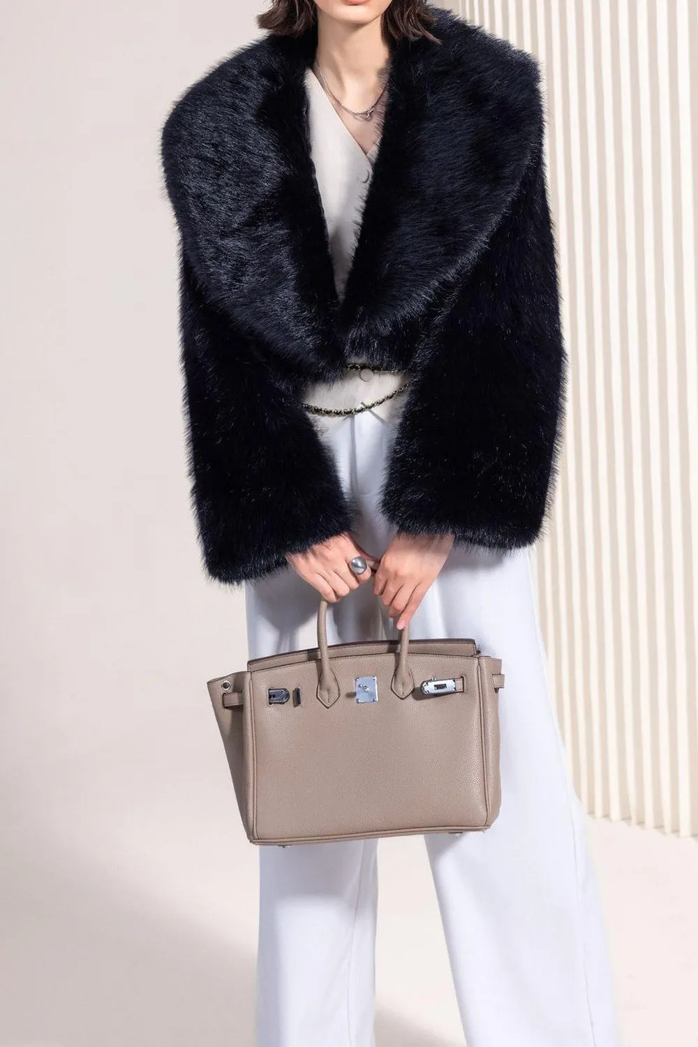 Black Cropped Faux Fur Open Front Fluffy Short Coat sold by Zapaka