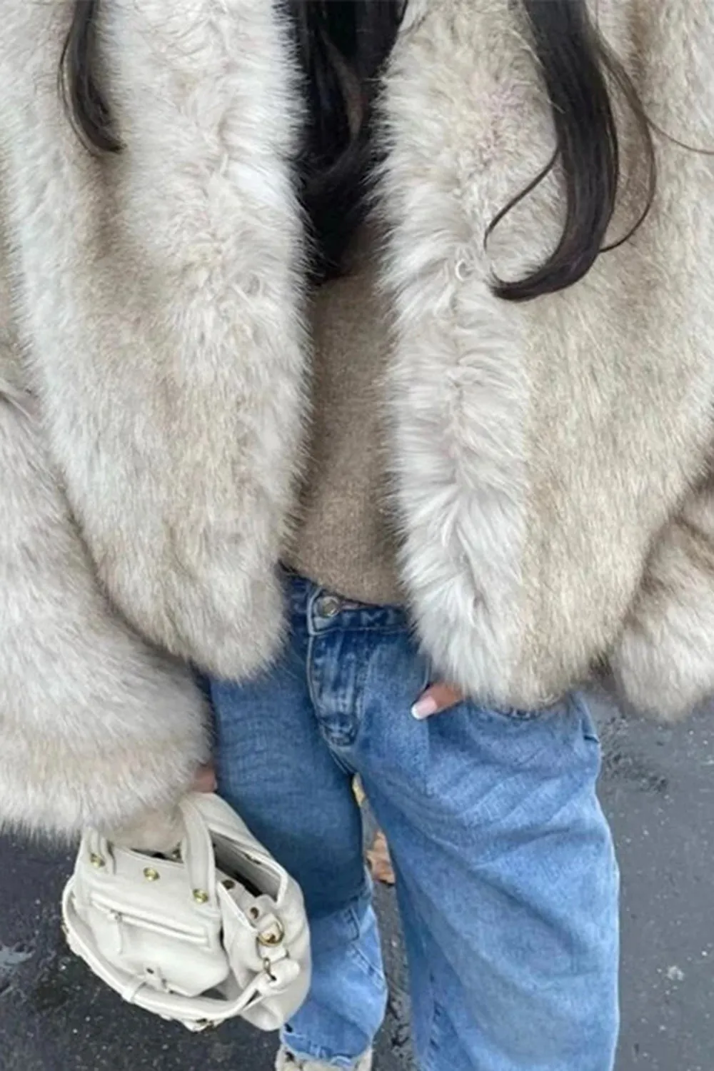 Black V Neck Midi Fitted Faux Fur Women's Coat sold by Zapaka product image thumbnail 5