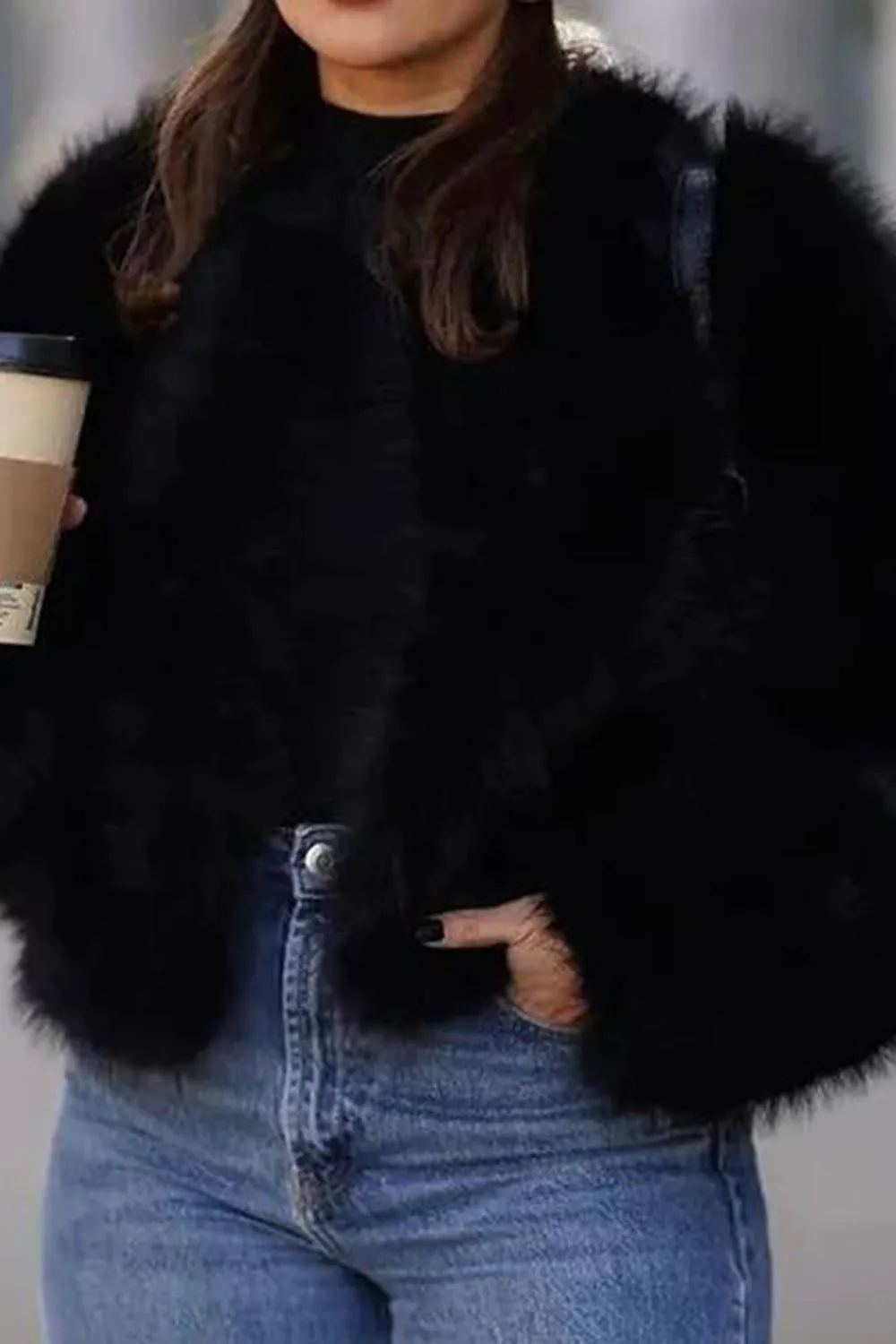 Black V Neck Midi Fitted Faux Fur Women's Coat sold by Zapaka