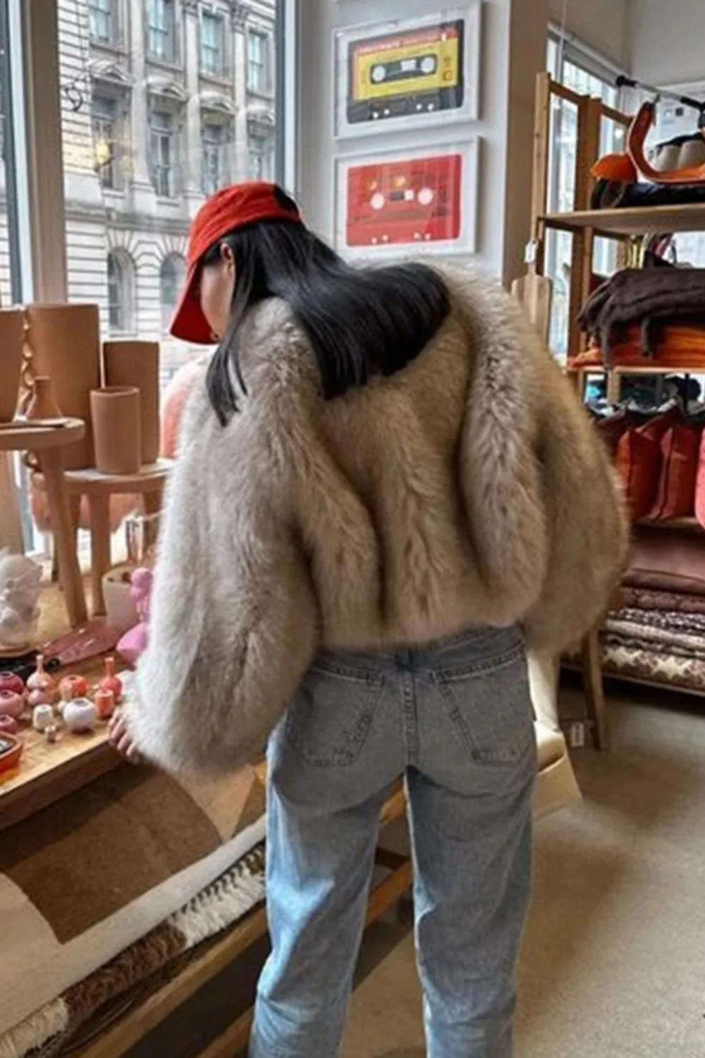 Black V Neck Midi Fitted Faux Fur Women's Coat sold by Zapaka product image thumbnail 3