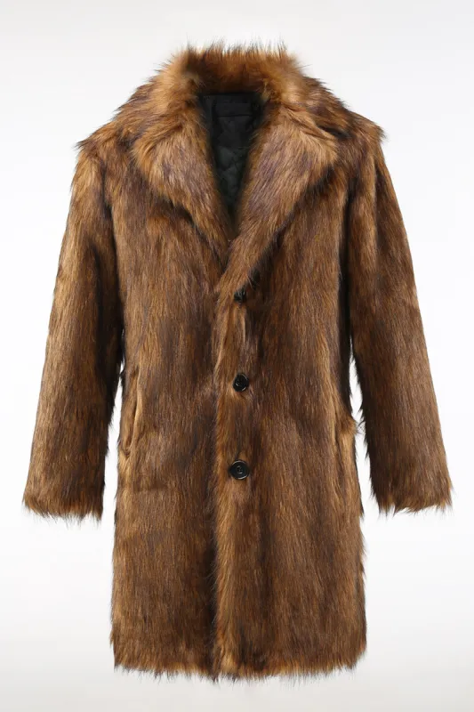 Brown Notched Lapel Long Men's Shearling Coat with Buttons sold by Zapaka