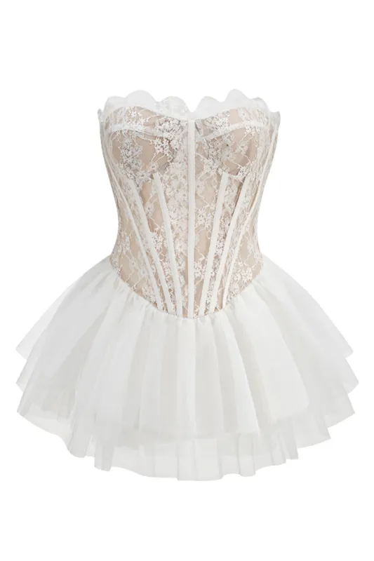 White Lace A-Line Strapless Corset Strapless Tiered Short Party Dress sold by Zapaka