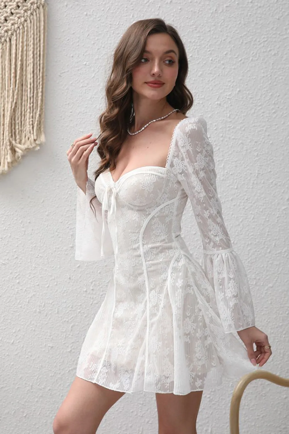 White Square Neck Lace Short Cocktail Dress with Sleeves sold by Zapaka product image thumbnail 3
