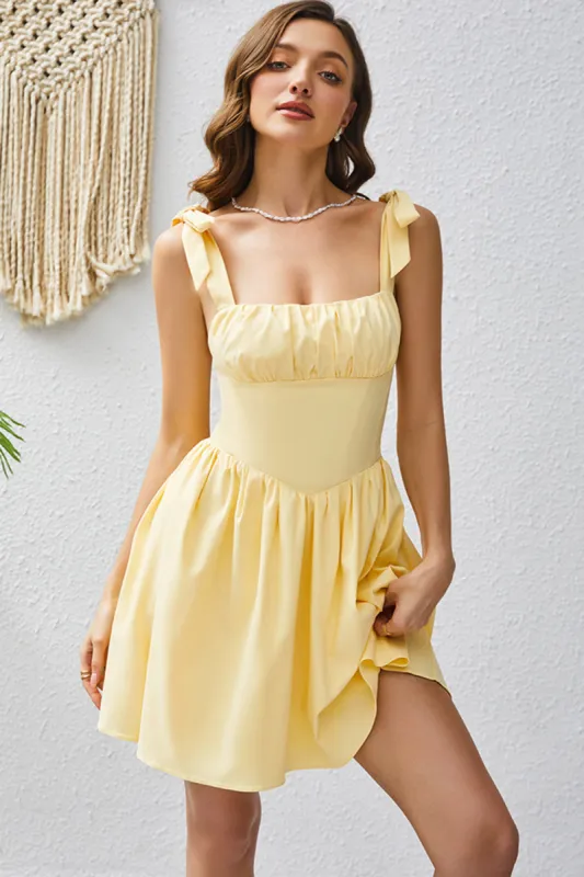 A Line Yellow Square Neck Short Homecoming Dress sold by Zapaka