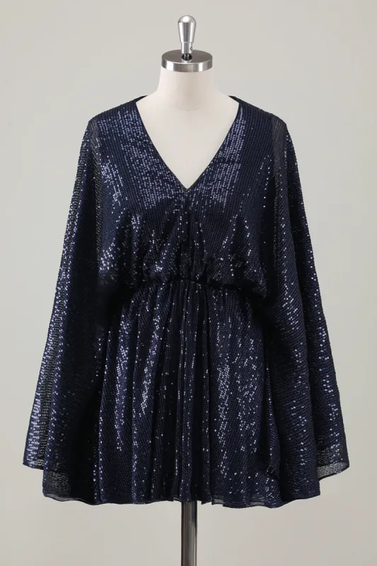 Sparkly Navy Short A-Line Holiday Party Dress with Long Sleeves sold by Zapaka