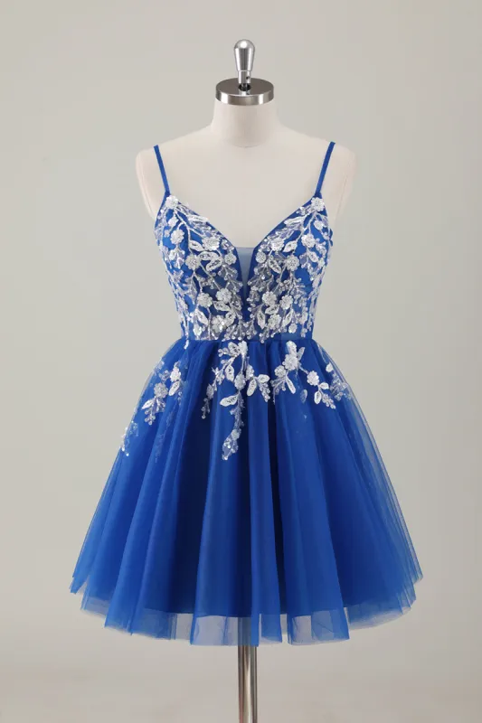 Royal Blue Spaghetti Straps Short Homecoming Dress with Appliques sold by Zapaka