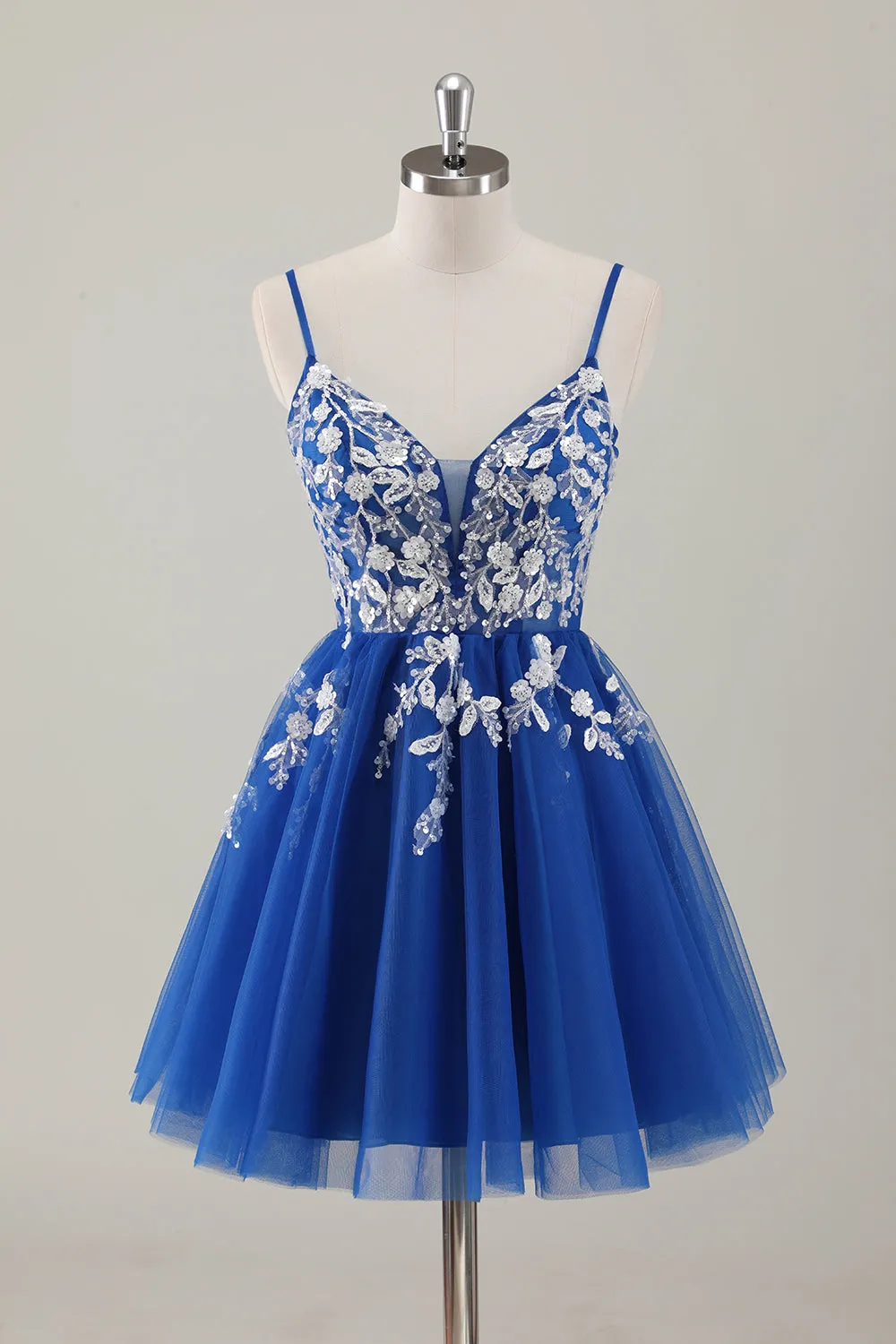 Royal Blue Spaghetti Straps Short Homecoming Dress with Appliques sold by Zapaka