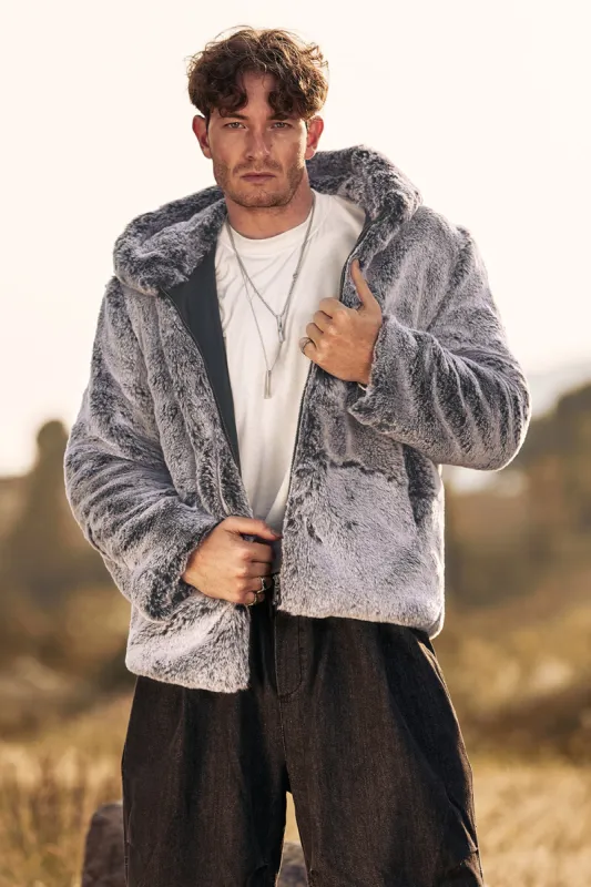 Grey Midi Shearling Men's Winter Coat with Hood sold by Zapaka
