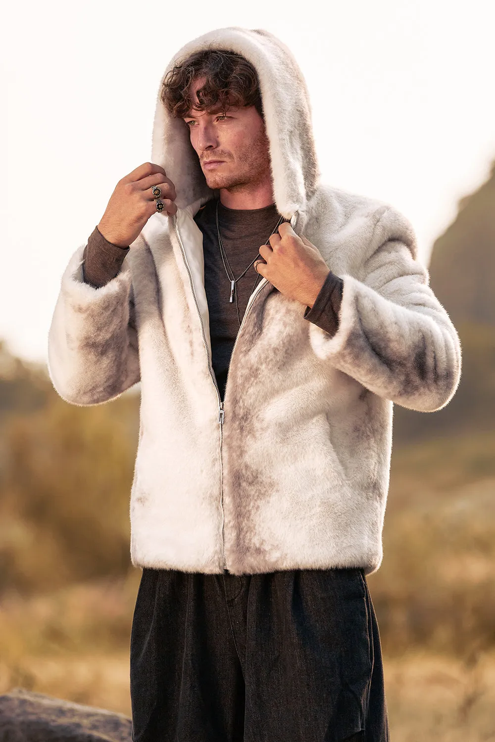 Ivory Faux Fur Zip-Up Hoodie Long Sleeves Men's Winter Coat sold by Zapaka product image thumbnail 5