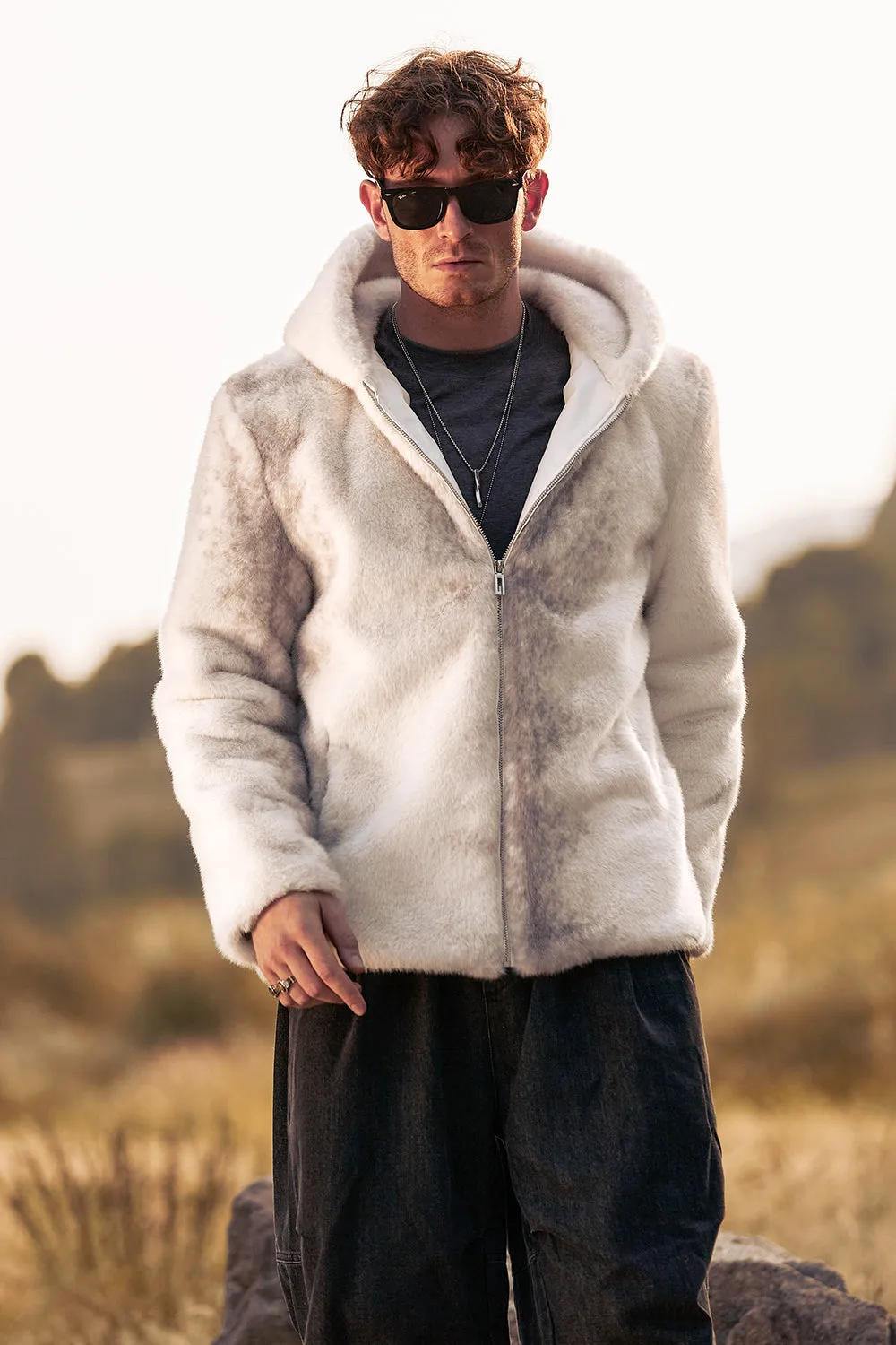 Ivory Faux Fur Zip-Up Hoodie Long Sleeves Men's Winter Coat sold by Zapaka product image thumbnail 3